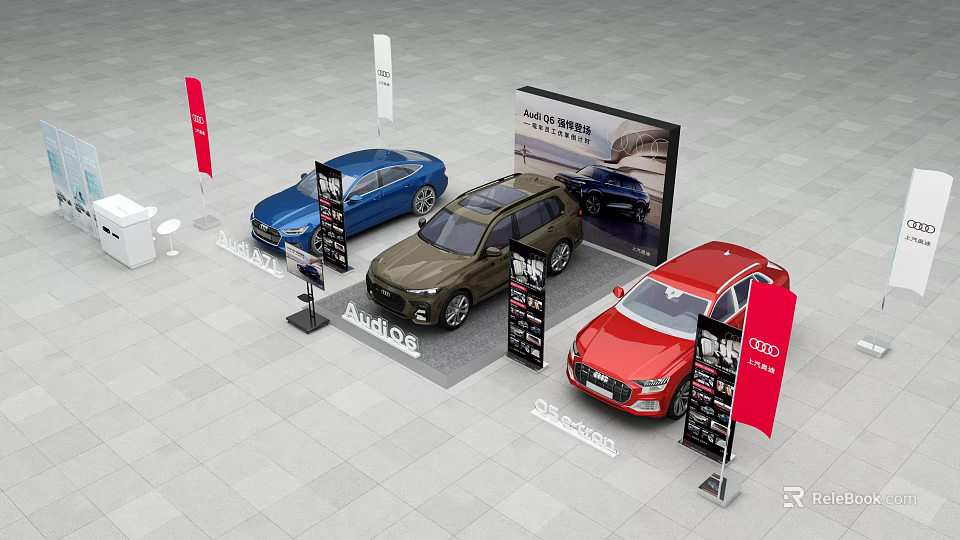 Audi Car Showroom Display With Three Different Colored Vehicles And Signage 3d model 