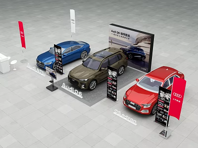 Audi Car Showroom Display With Three Different Colored Vehicles And Signage 3d model
