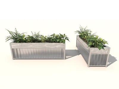Modern Metal Garden Planters With Rectangular Striped Design And Green Plants 3d model