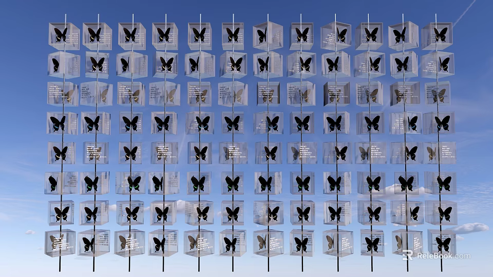 Unique Public Facility With Transparent Blocks Black Butterfly Patterns Neat Arrangement And Blue Sky Background 3d model 