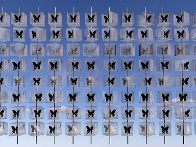 Unique Public Facility With Transparent Blocks Black Butterfly Patterns Neat Arrangement And Blue Sky Background 3d model