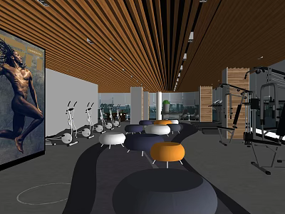 Modern Fitness Gym Interior With Treadmills Equipment Seating Area And Wooden Ceiling 3d model
