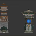 Traditional Chinese Architectural Models With Tower Pavilion And Curved Roof Bridges