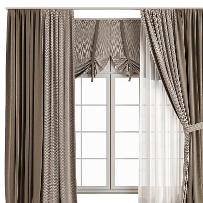 Elegant Neutral Tones Curtains With Sheer Layers Puffed Valance And Tiebacks For White Window 3d model