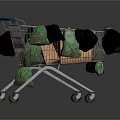 Metallic Shopping Cart With Blue Handle Filled With Black Green And Orange Bags