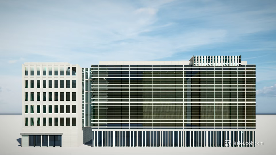 Modern Office Building Exterior With Glass Facade And White Architectural Structure 3d model 