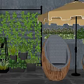 Cozy Outdoor Sofa with Wicker Frame Green Plant Wall and Umbrella in Garden