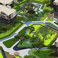 Residential Housing Complex Landscape With Central Green Area And Water Features