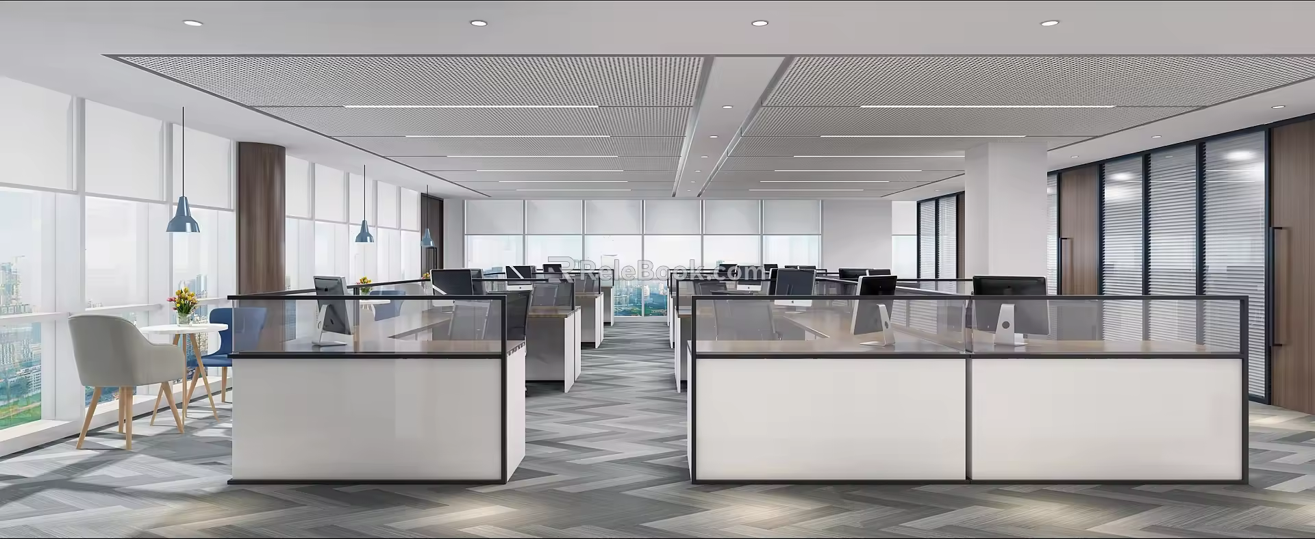 Public open office area, office desks and chairs 3d model