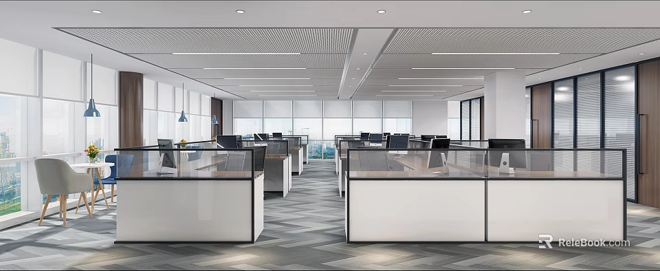 Public Office Space With Modern Design Office Cubicles Computers Large Windows And Natural Lighting 3d model 