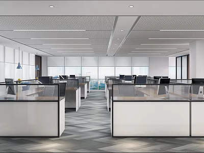 Public Office Space With Modern Design Office Cubicles Computers Large Windows And Natural Lighting 3d model