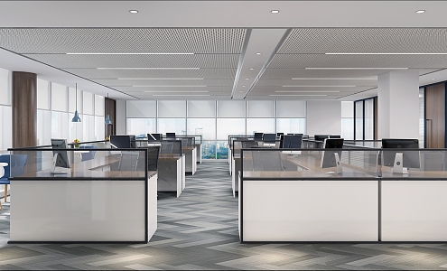 Public open office area, office desks and chairs 3d model