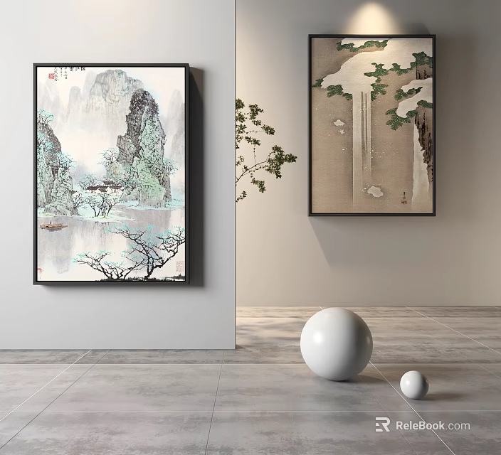 Two Chinese Landscape Paintings With Mountain Water Pine Trees And Interior Decorative Elements 3d model