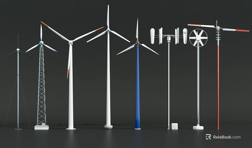 Modern Industrial Wind Energy Equipment Featuring Various Turbine Towers And Blades 3d model 