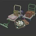 Industrial Hand Trucks With Wooden Crates Fan Part And Pallet Tools