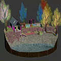 Cartoon Scene With Small House Green Trees Pond And Rocky Ground