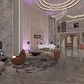 Modern Elegant Shop Front Desk With Marble Wall Chandelier Sofa Rug And Bookshelf