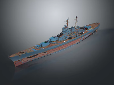 Vintage Military Warship Model With Blue Hull Red Bottom Deck Turrets And Masts 3d model