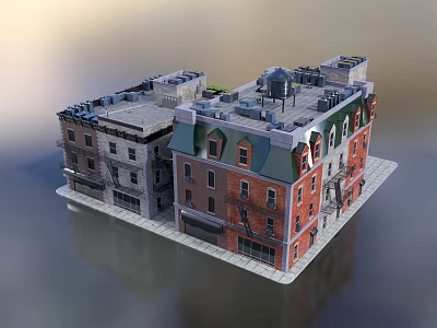 Detached Villa With Red Brick Exterior Green Roof And Gray Facade Design 3d model