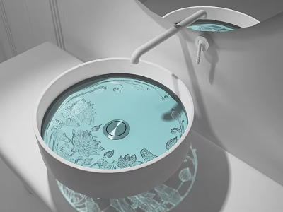 Modern Bathroom Sink With Intricate Lotus Patterns And Clear Water Reflection 3d model
