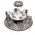 Round Dining Table Set With Brown Backrest Chairs Gray Cushions And Chandelier 3d model