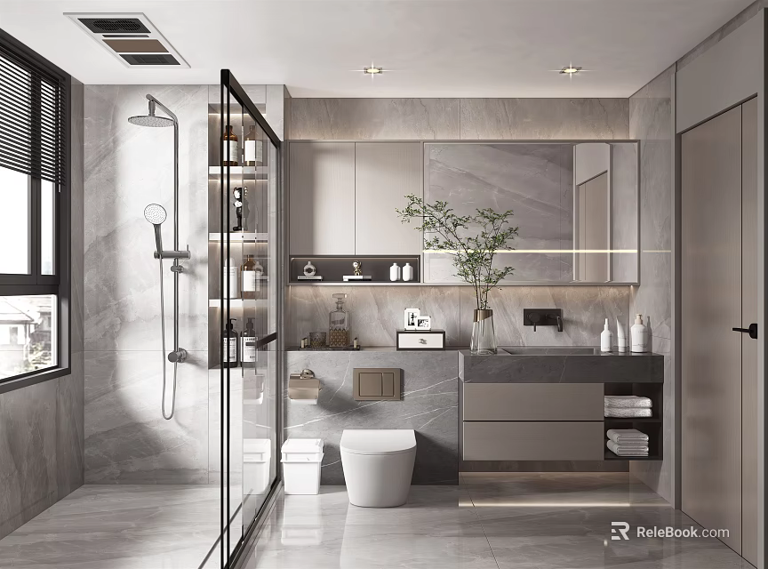 Modern Bathroom Interior Design With Glass Shower Enclosure Double Vanity Large Mirror And Potted Plant 3d model 