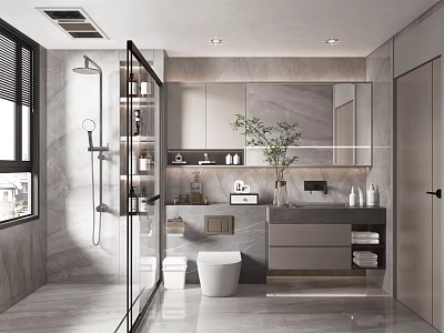 Modern Bathroom Interior Design With Glass Shower Enclosure Double Vanity Large Mirror And Potted Plant 3d model