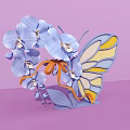 Window Display With Blue Orchids Butterfly Design Blue Yellow Wings Orange Ribbon On Pink Background