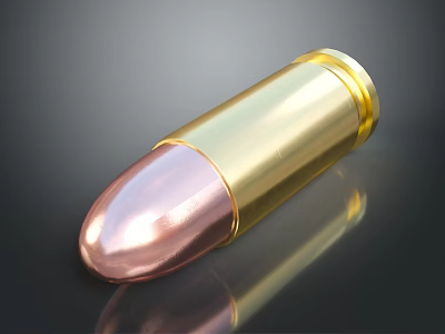Detailed View Of Shiny Gold And Copper Bullet On Black Reflective Surface 3d model