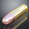 Detailed View Of Shiny Gold And Copper Bullet On Black Reflective Surface