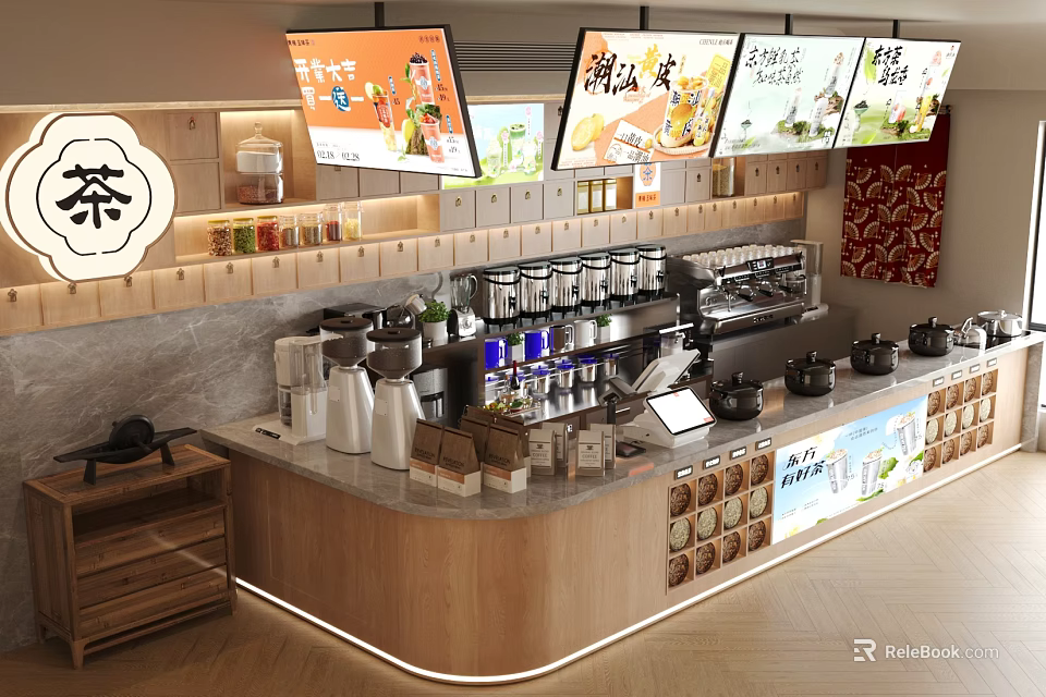 Modern Café Interior With Wooden Counter Digital Menu Boards Coffee Machines and Tea 3d model 