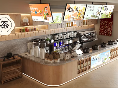 Modern Café Interior With Wooden Counter Digital Menu Boards Coffee Machines and Tea 3d model