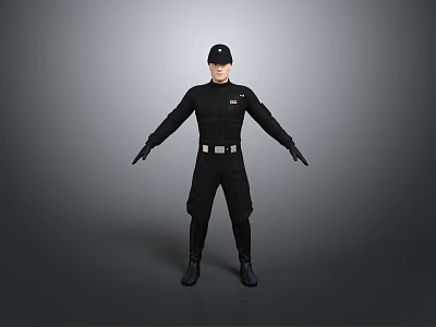 Fictional Character In Black Uniform With Hat Standing Arms Outstretched Pose 3d model