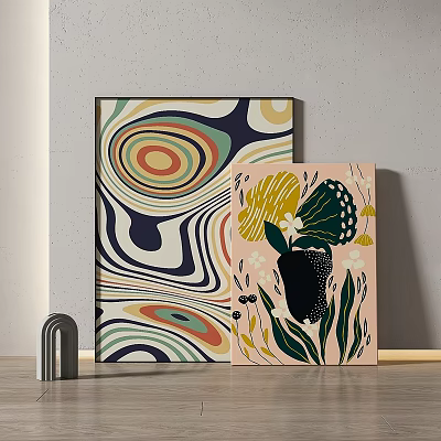 Two Colorful Abstract Art Pieces With Swirly Patterns And Botanical Elements 3d model