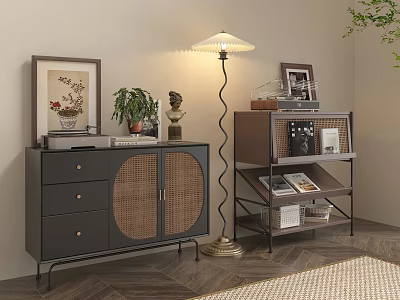Stylish Entryway Cabinet and Side Cabinet with Rattan Doors Drawers Shelves and Decorative Items 3d model