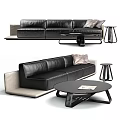 Black Leather Three Seater Sofa with Light Colored Pillow Coffee Table and Side Stools 3d model