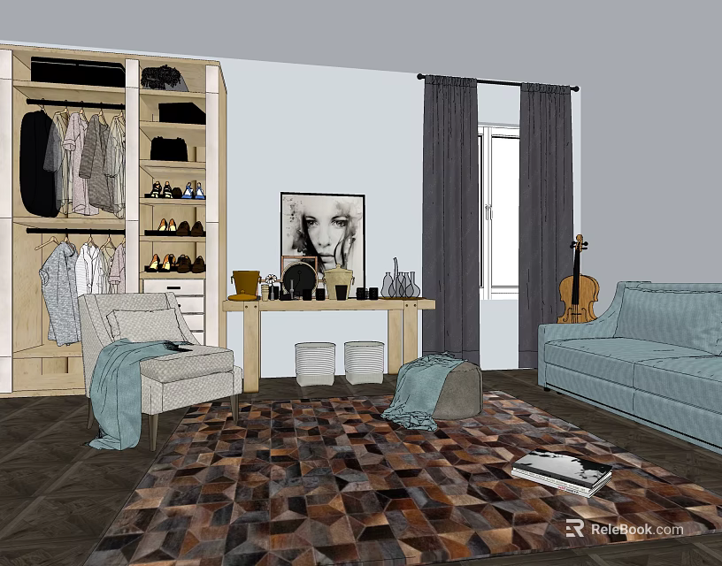 Modern Dressing Table Interior With Wardrobe Sofa Painting And Rug 3d model 