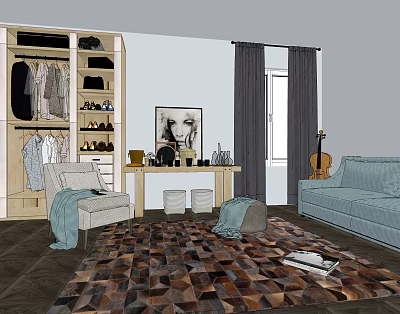 Modern Dressing Table Interior With Wardrobe Sofa Painting And Rug 3d model