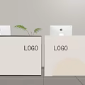 Modern White Reception Desks With Logo Signage Apple Laptops And Green Plants