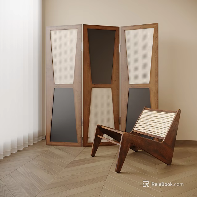 Wooden Three Panel Room Divider Screen With Woven Texture And Dark Panels 3d model