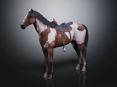 Horse with Brown and White Coat and Saddle Standing on Dark Background 3d model