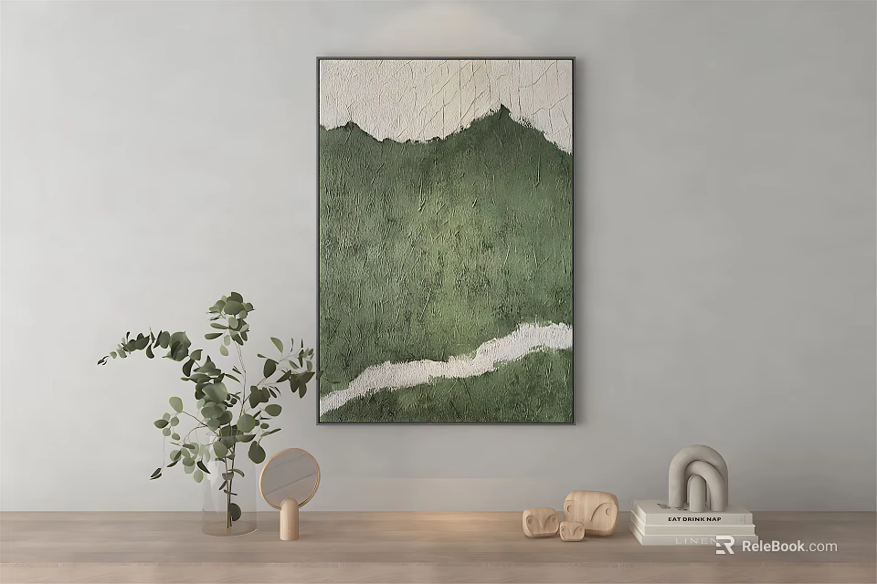 Textured Green And White Wall Art With Eucalyptus Plant And Decorative Objects 3d model
