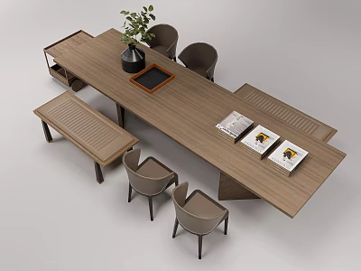Modern Long Wooden Tea Table With Chairs Benches Green Plant And Magazines 3d model