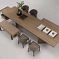 Modern Long Wooden Tea Table With Chairs Benches Green Plant And Magazines
