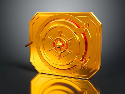 Golden Security Door With Octagonal Frame Round Lock Plate Red Accents And Glossy Surface 3d model