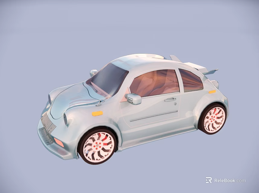 Light Blue Small Two Door Car With Red Rims And Cartoon Style Design 3d model 