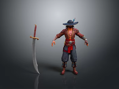Man in Pirate Costume With Hat Red Jacket Blue Pants and Sword Beside 3d model