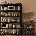 Organized Kitchen Appliances on Multi Tiered Shelving with Microwave Coffee Maker and Storage Jars
