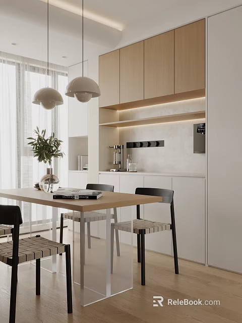 Modern Dining And Kitchen Space With Wooden Cabinets White Counter Pendant Lights And Dining Table 3d model 