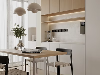 Modern Dining And Kitchen Space With Wooden Cabinets White Counter Pendant Lights And Dining Table 3d model